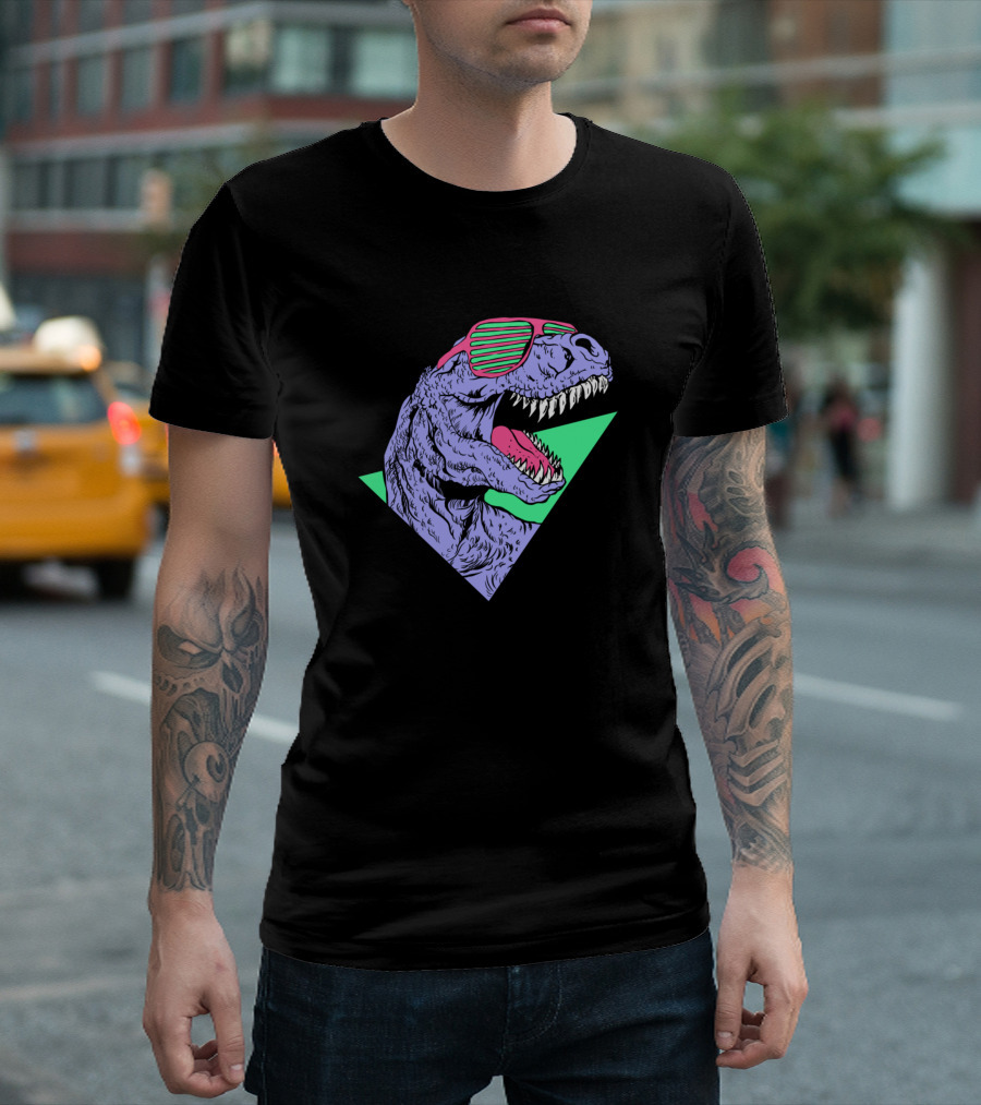 Rebel Roar Dinosaur Neon Sunglasses Retro 80s T-Shirt