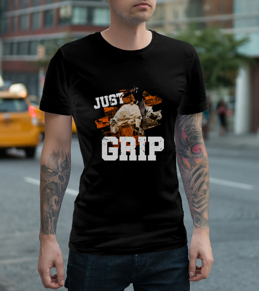 JUST GRIP Rodeo Cowboy Riding Bull Western Lasso T-Shirt