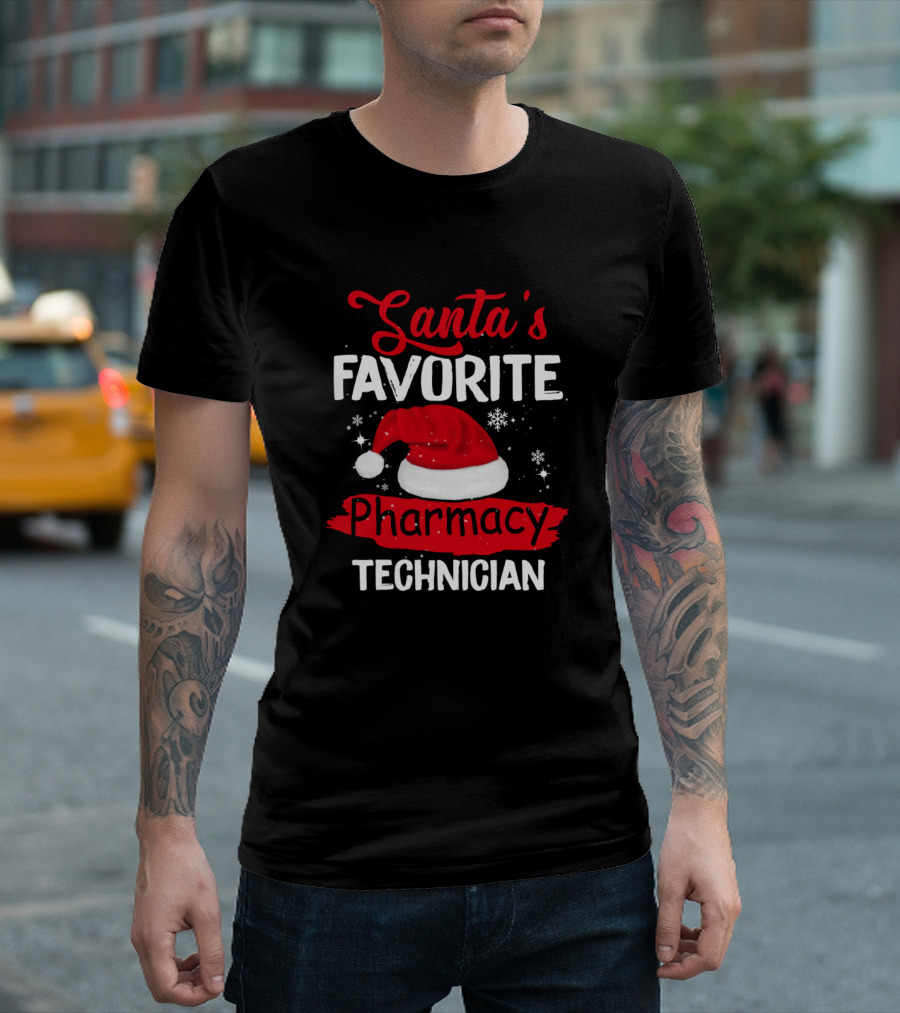Santa's Favorite Pharmacy Technician Christmas Hat Snowflakes T-Shirt