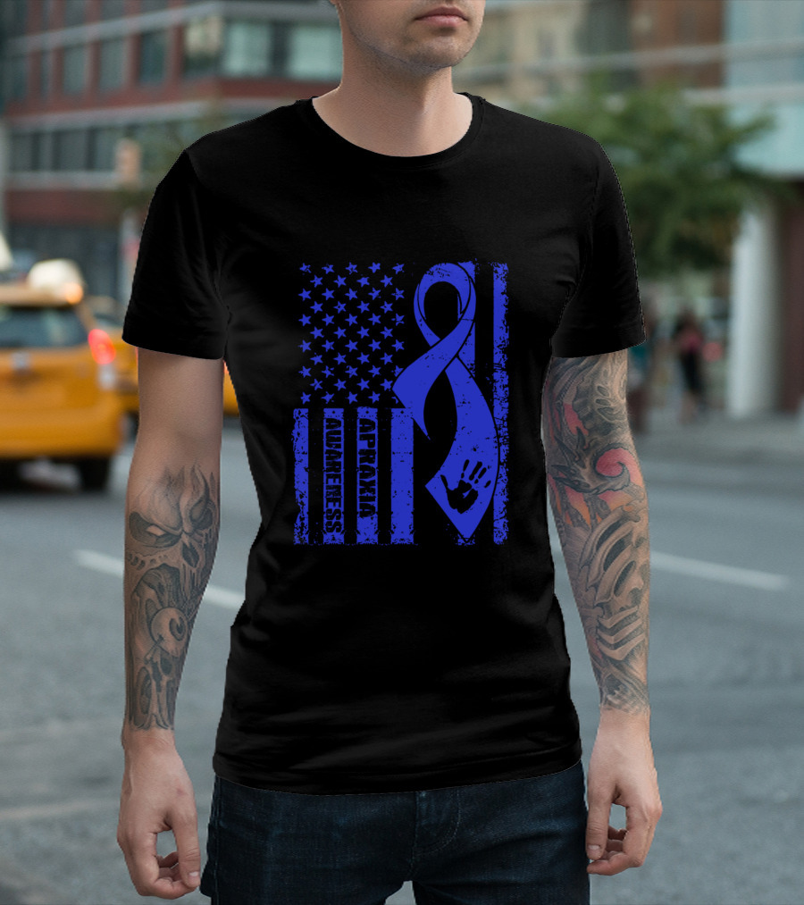 American Flag with Blue Ribbon and Apraxia Awareness Text T-Shirt