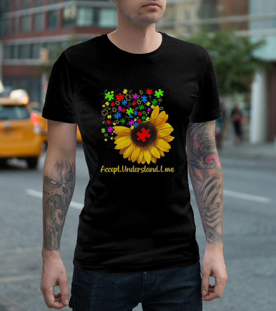 Autism Sunflower Accept Understand Love Puzzle Pieces T-Shirt