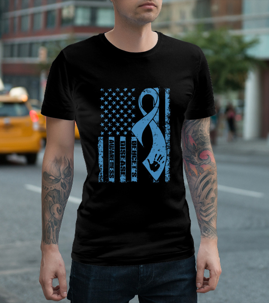 Behcet's Disease Awareness Flag Blue Ribbon American Flag T-Shirt