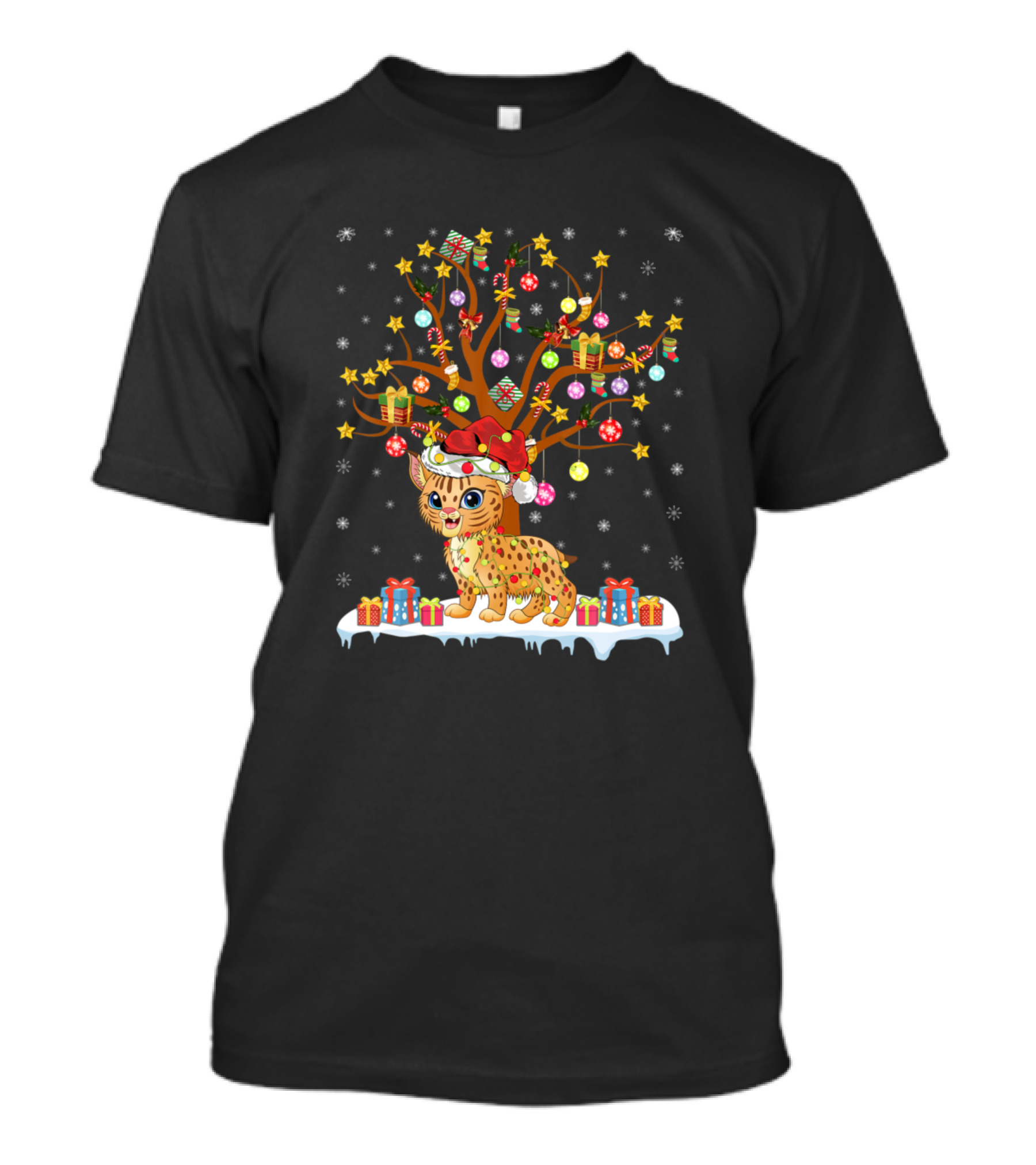 Bobcat In Santa Hat Decorating Colorful Christmas Tree With Gifts T-Shirt