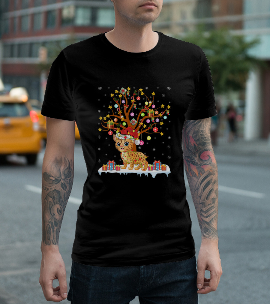 Bobcat In Santa Hat Decorating Colorful Christmas Tree With Gifts T-Shirt