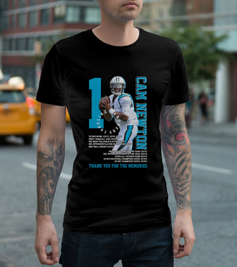 Cam Newton No 1 Jersey New England Football NFL MVP Rookie Champion Memories T-Shirt