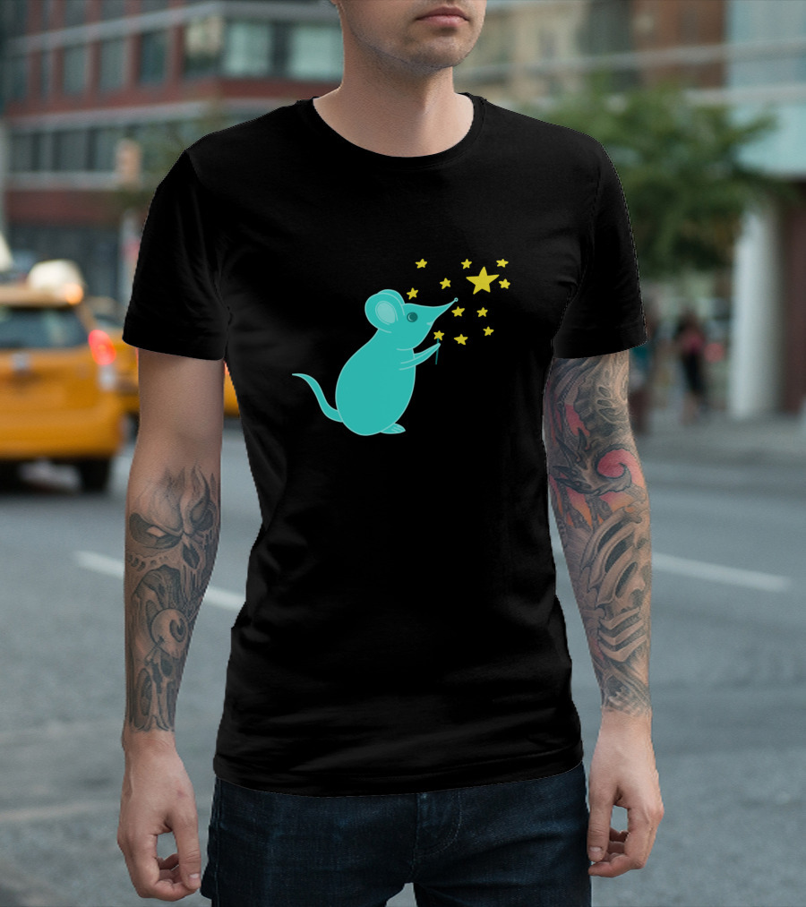 Cute Blue Mouse Casting Magic With Yellow Stars T-Shirt