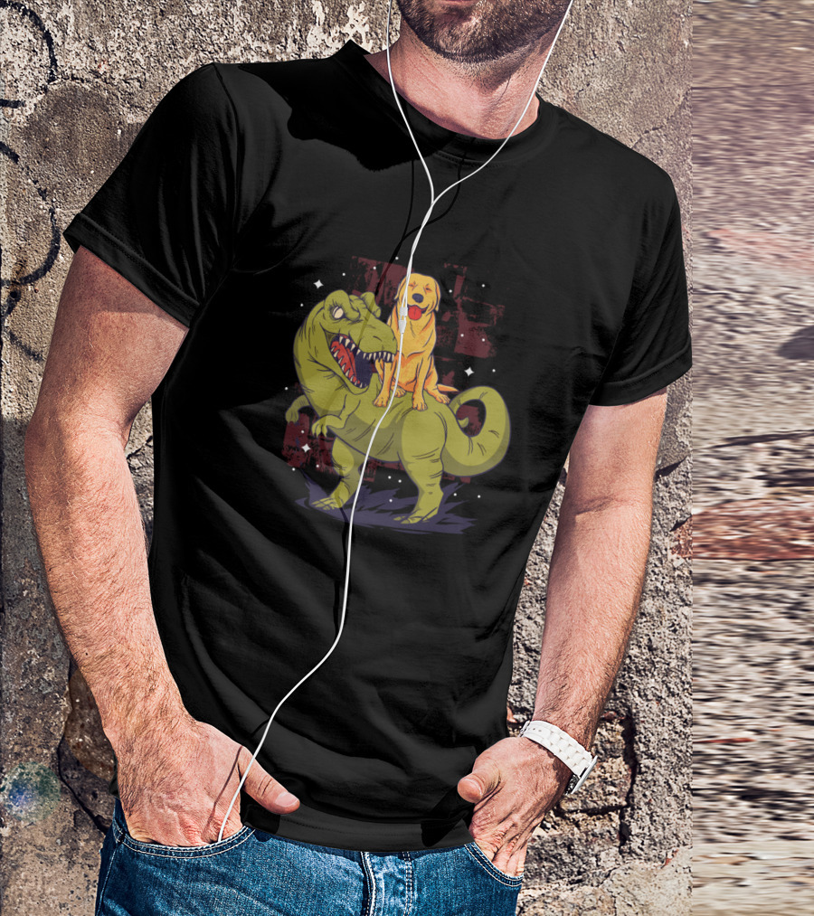 Golden Retriever Riding Dinosaur With Funny Dog Expression T-Shirt