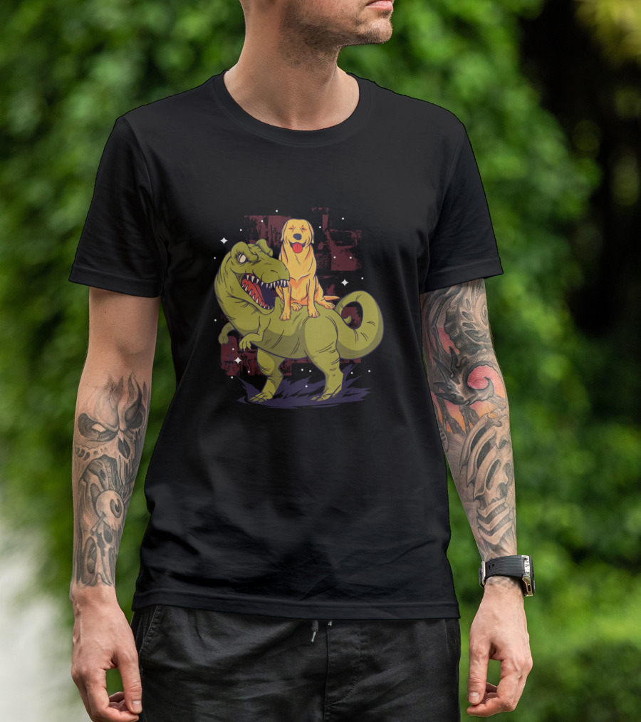 Golden Retriever Riding Dinosaur With Funny Dog Expression T-Shirt