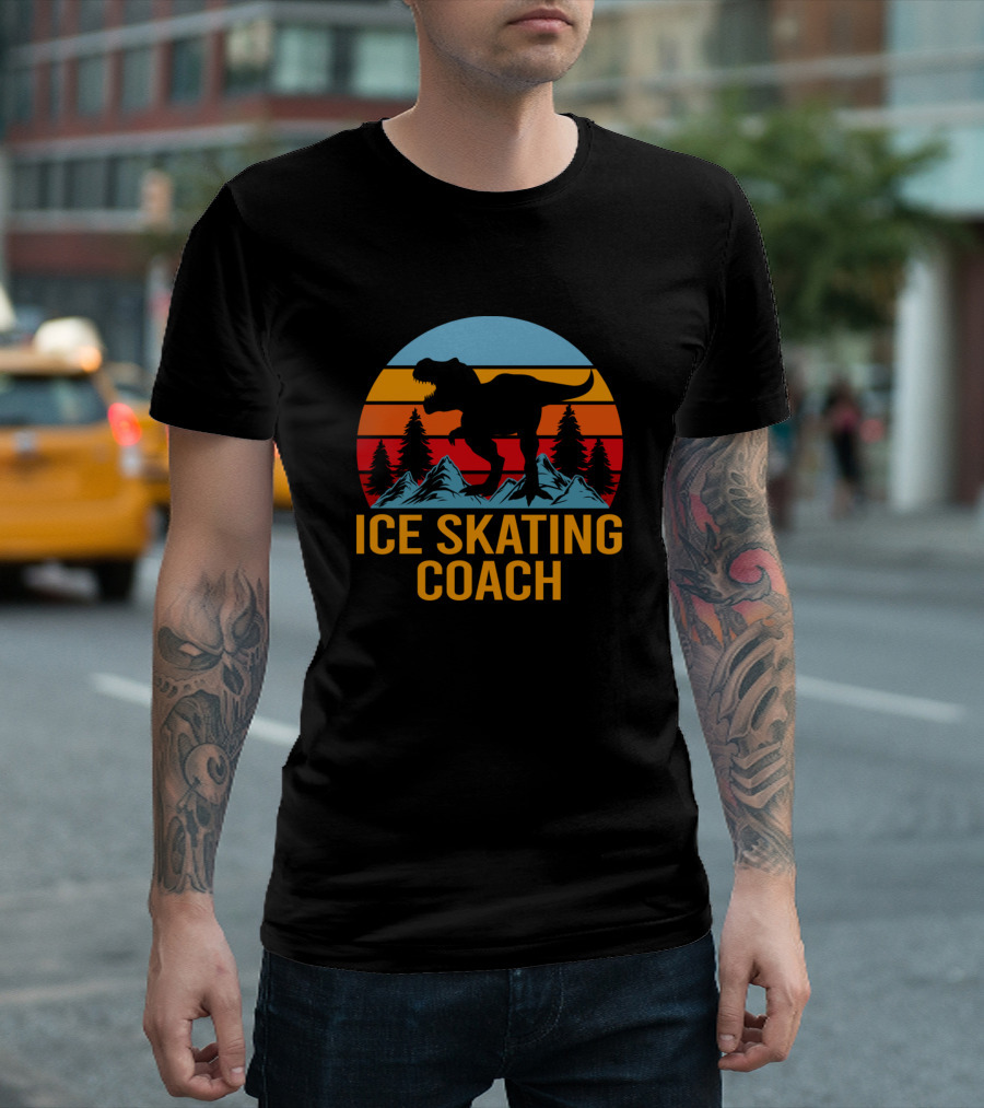 Ice Skating Coach Dinosaur Retro Sunset T-Shirt