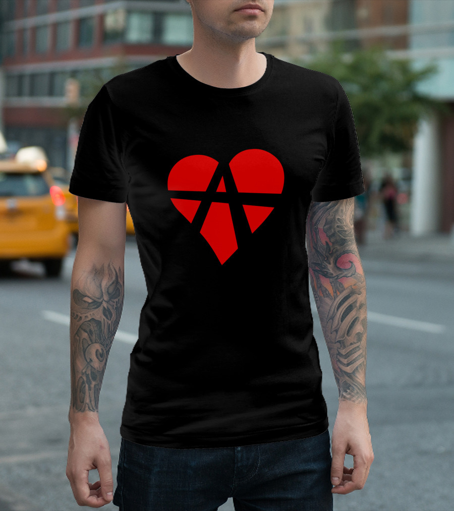 Red Heart with Black Anarchy Symbol RA Polyamory Free T-Shirt