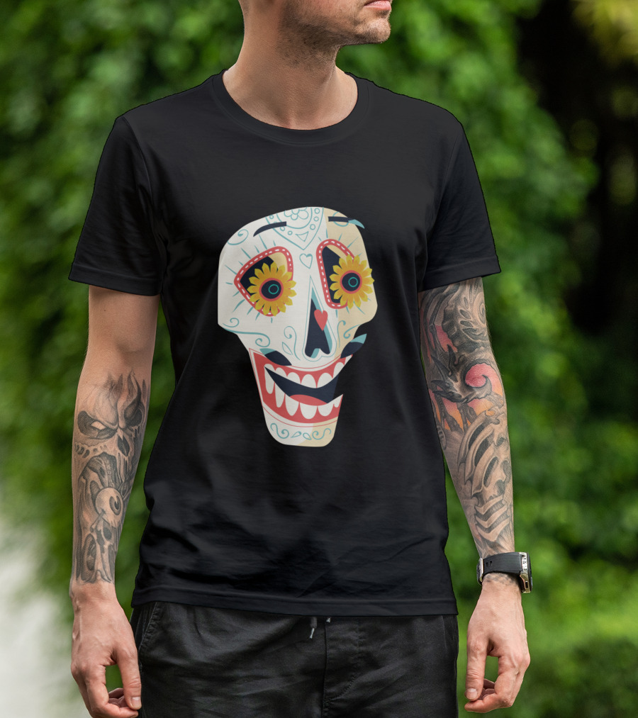 Skull Head Smiling Floral Sunflower Eyes Day Of The Dead T-Shirt