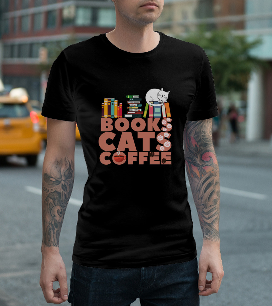 Books Cats Coffee with Stacked Novels and Relaxed Feline T-Shirt