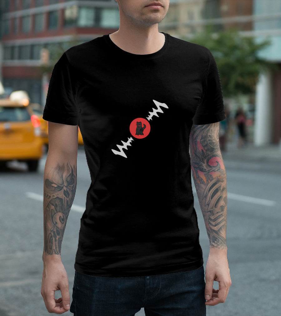 Cat Sitting On Black And Red Vintage Vinyl Record With Music Waves T-Shirt