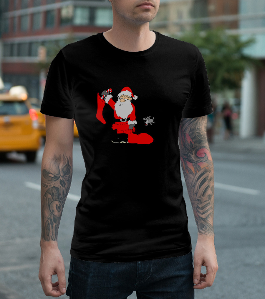 Christmas Santa Stocking and Yapping Dog by Wall T-Shirt