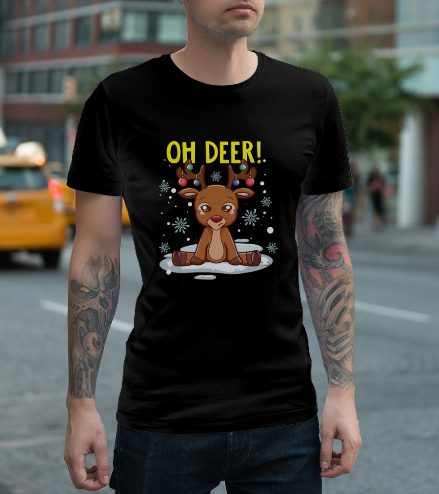 Oh Deer Christmas Cute Reindeer Pun With Snowflakes T-Shirt