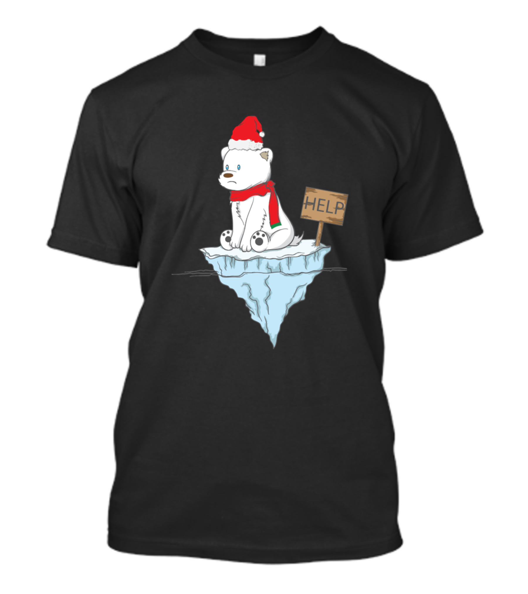 Christmas Polar Bear With Santa Hat And Help Sign On Ice Floe T-Shirt