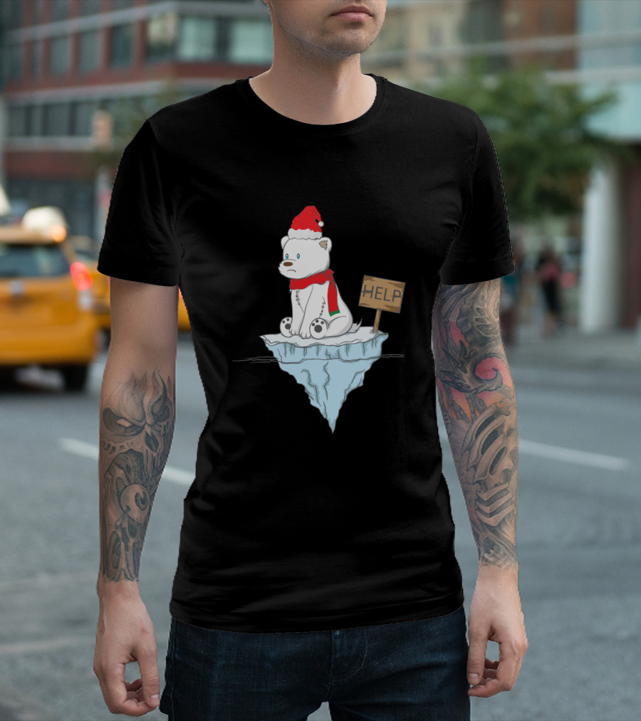 Christmas Polar Bear With Santa Hat And Help Sign On Ice Floe T-Shirt