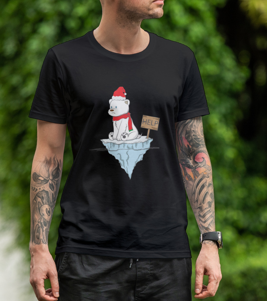 Christmas Polar Bear With Santa Hat And Help Sign On Ice Floe T-Shirt