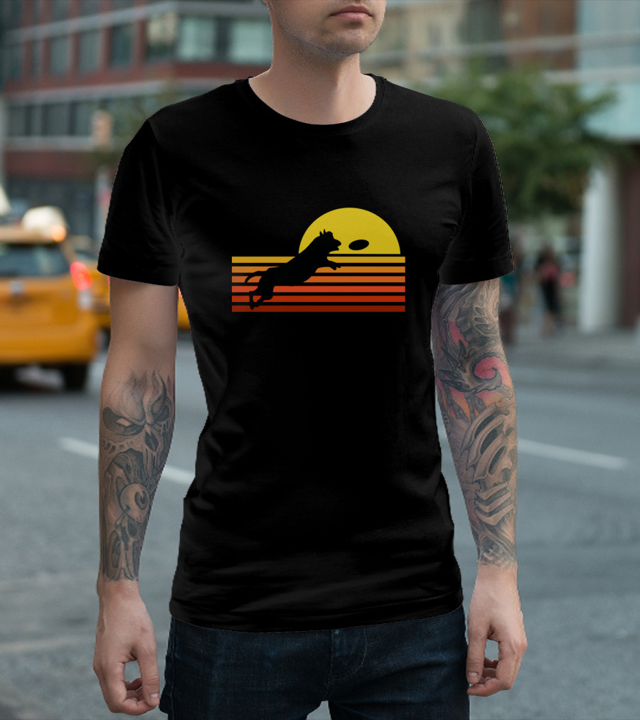 Dog Leaping for Frisbee in Sunset Stripes T-Shirt