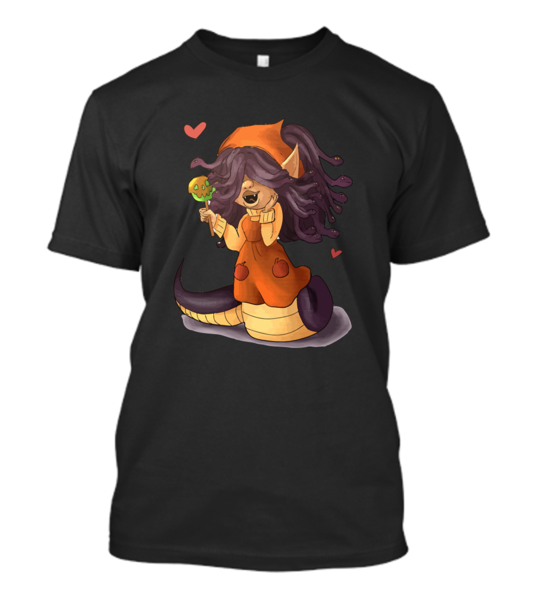 Medusa Halloween Snake Girl With Candy Apple And Hearts T-Shirt