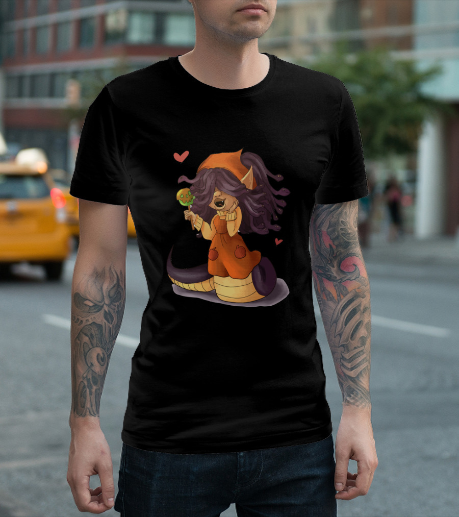 Medusa Halloween Snake Girl With Candy Apple And Hearts T-Shirt