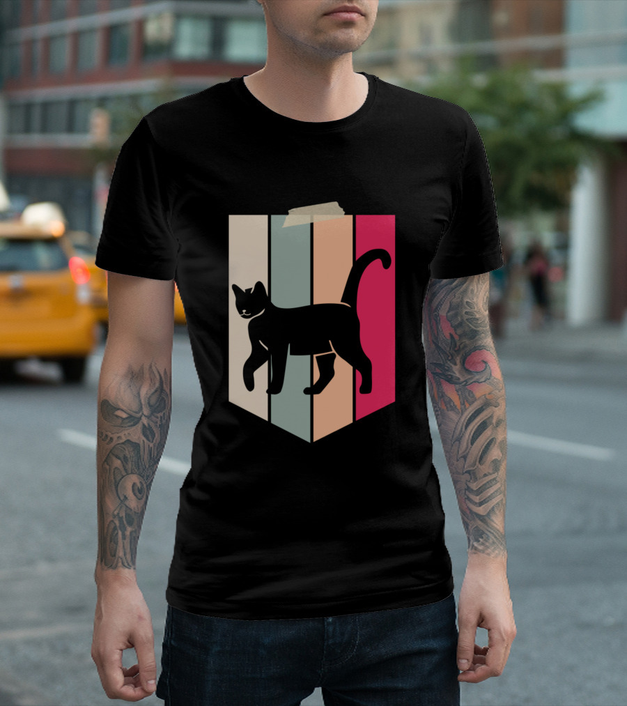 Funny Cats Retro Silhouette on Colorful Stripes T-Shirt