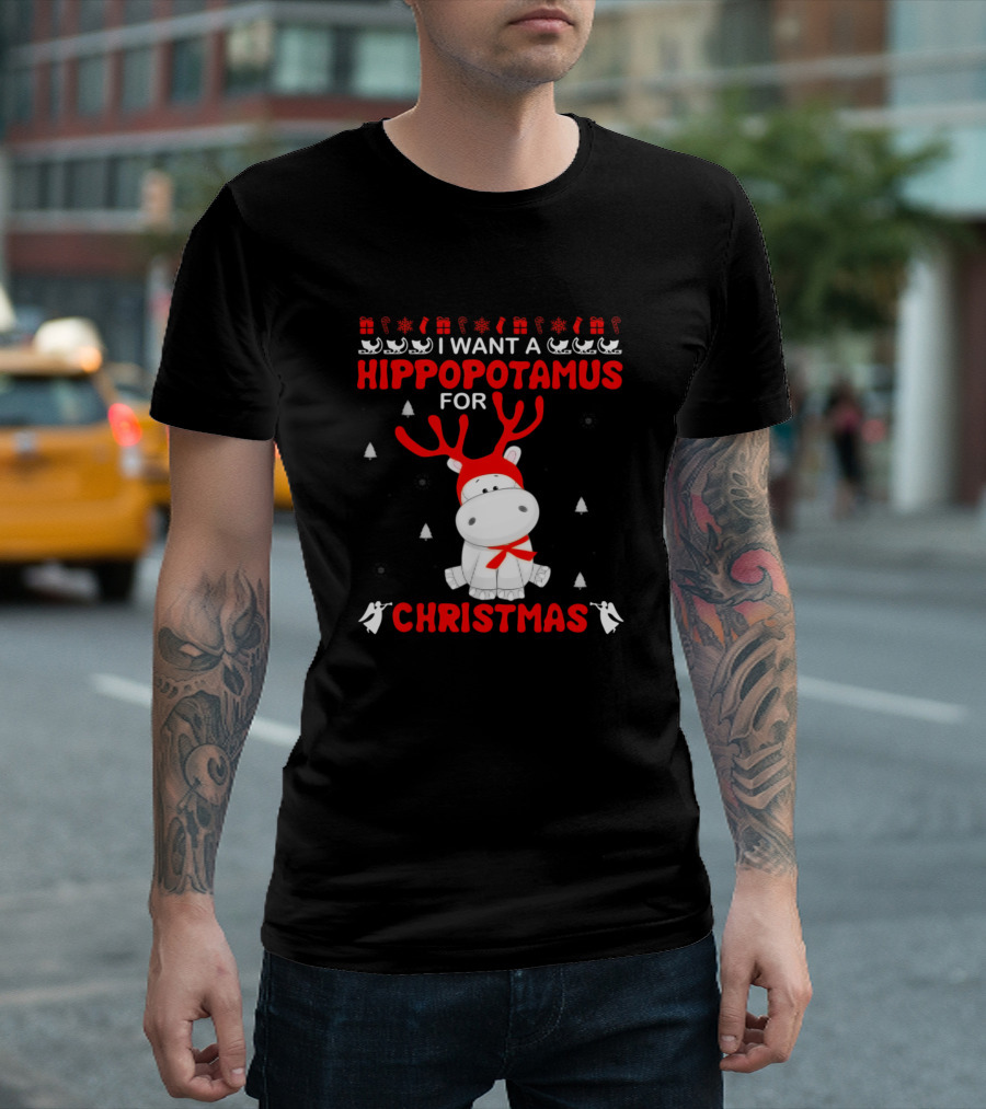 I Want A Hippopotamus For Christmas Festive Holiday Hippo With Antlers T-Shirt