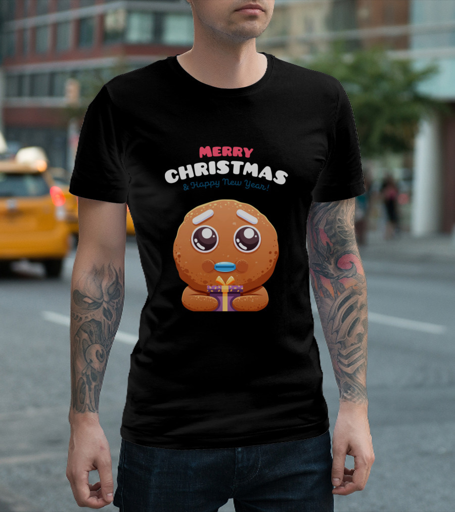 Merry Christmas and Happy New Year Cookie Holding Gift T-Shirt