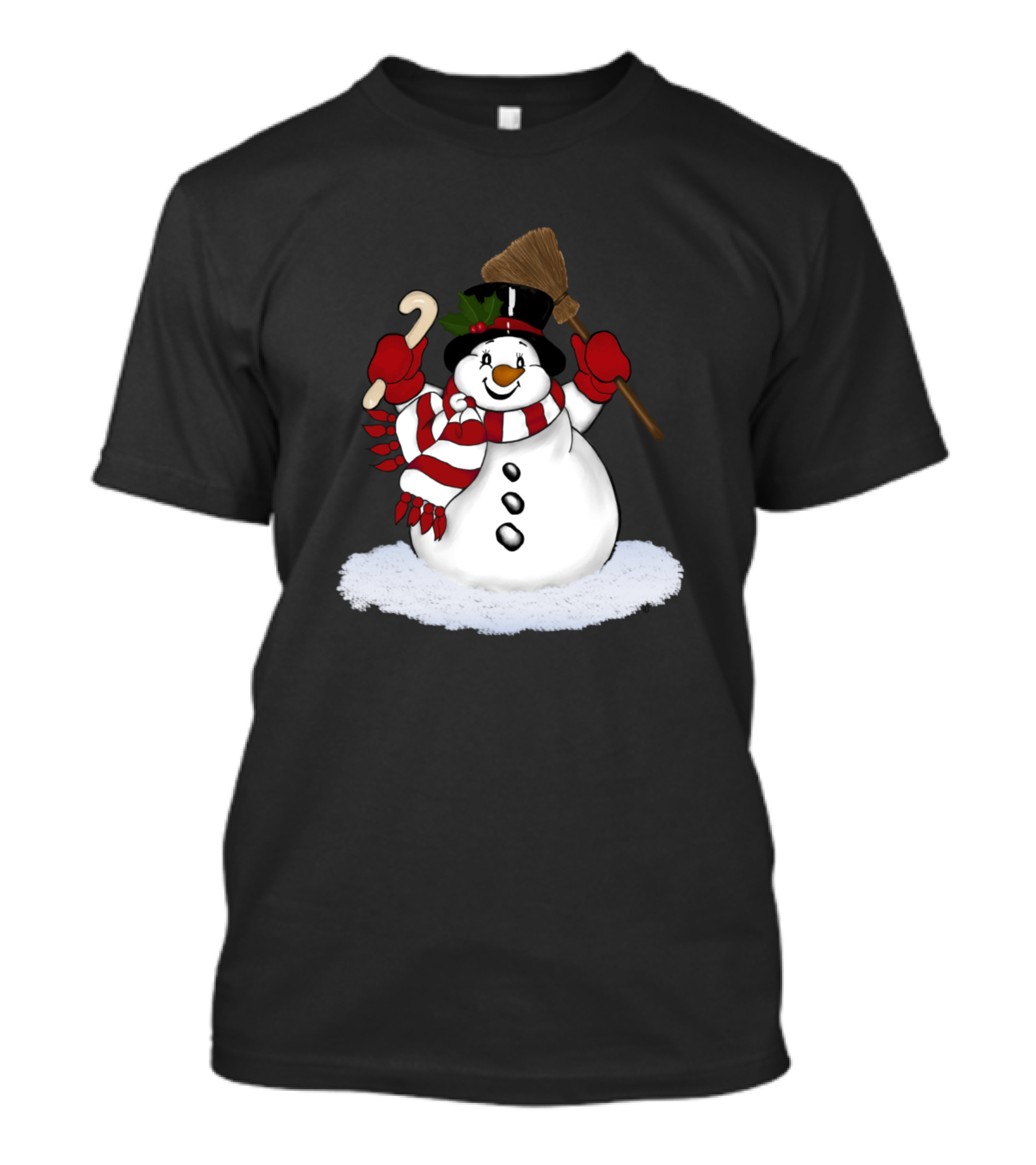 Baby Snowman Holding Candy Cane And Broom On Snow Pile T-Shirt