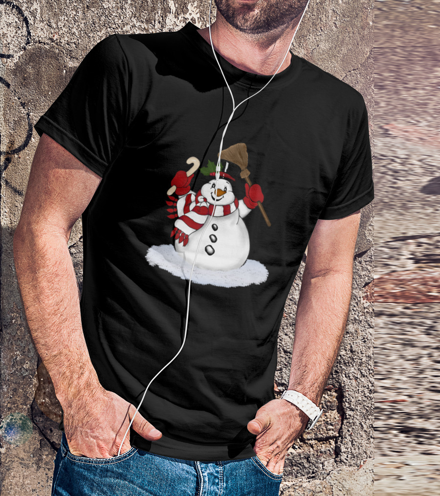 Baby Snowman Holding Candy Cane And Broom On Snow Pile T-Shirt