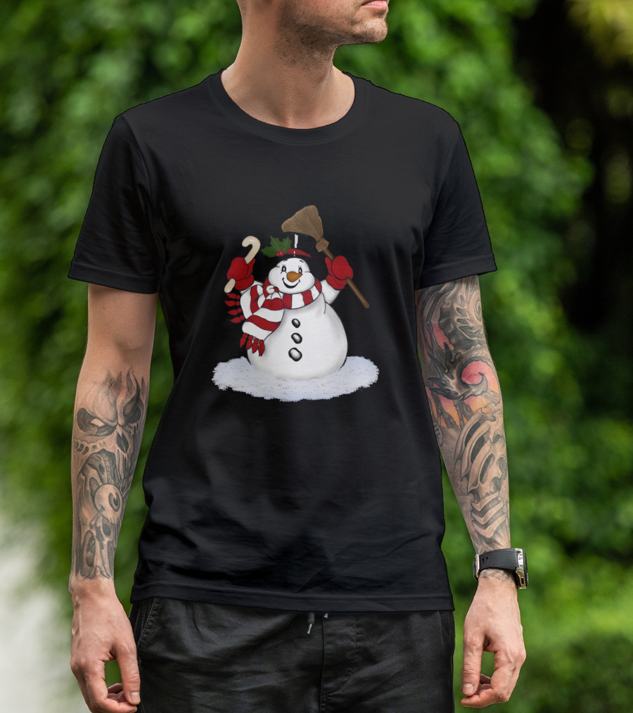 Baby Snowman Holding Candy Cane And Broom On Snow Pile T-Shirt