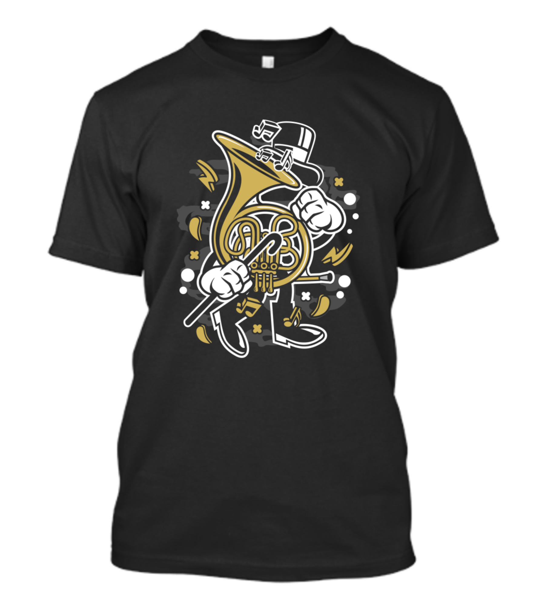 Animated Brittish Horn Character With Musical Notes And Comic Style Elements T-Shirt
