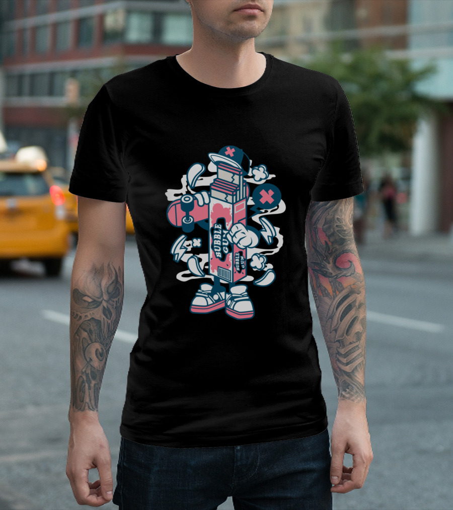 Bubble Gum Box With Skateboard And Cartoon Elements T-Shirt