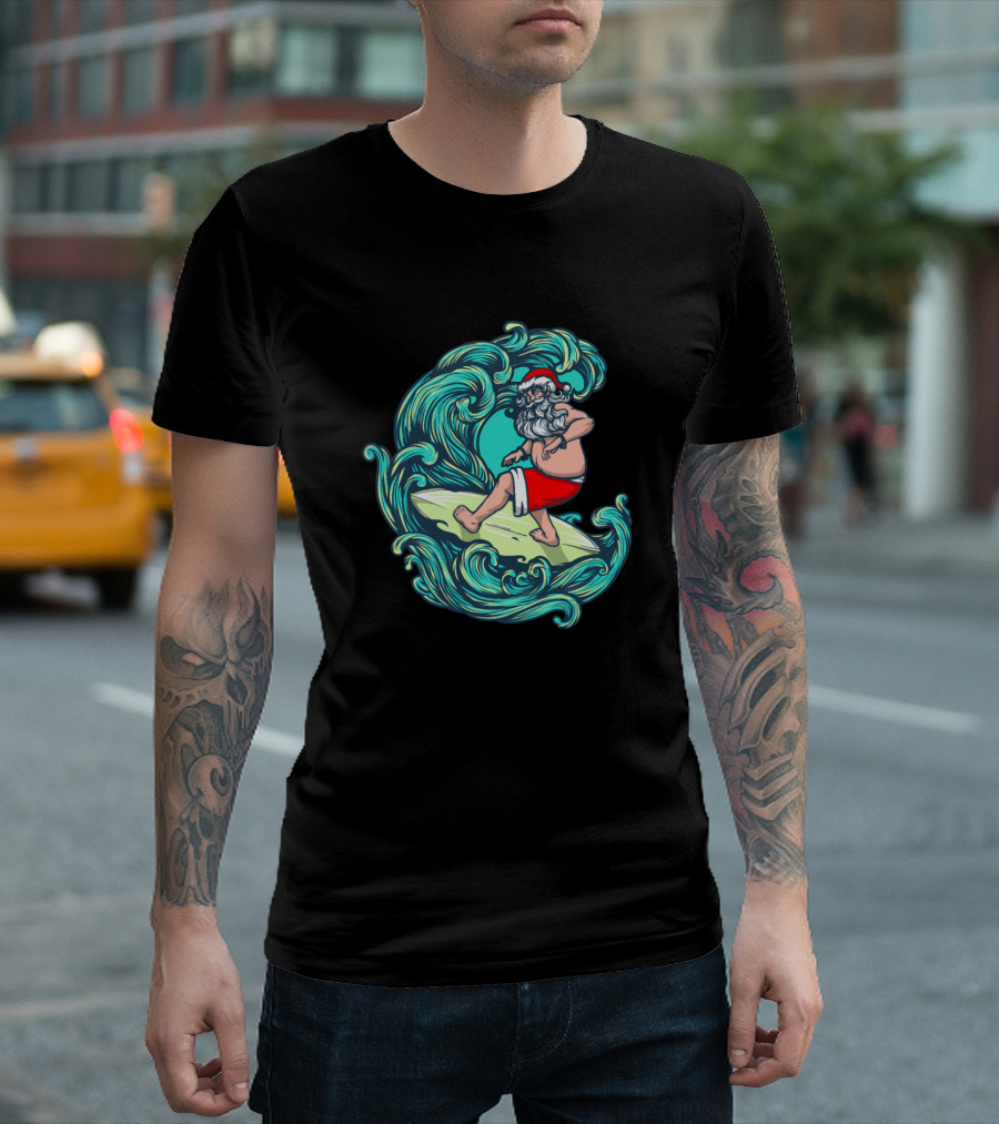 Christmas Santa Riding Waves On Surfboard Hawaiian T-Shirt