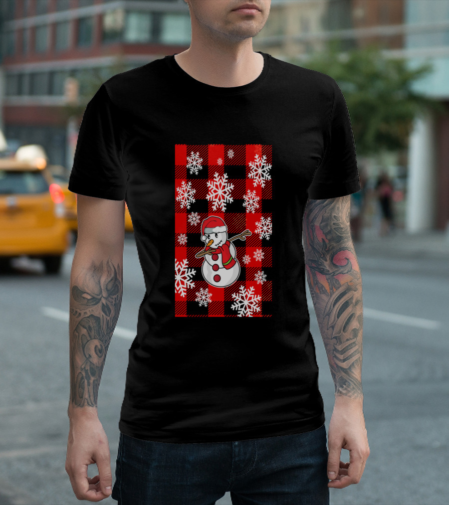 Dabbing Snowman Santa Hat Christmas Red Plaid Snowflakes Winter Funny Xmas Dab T-Shirt