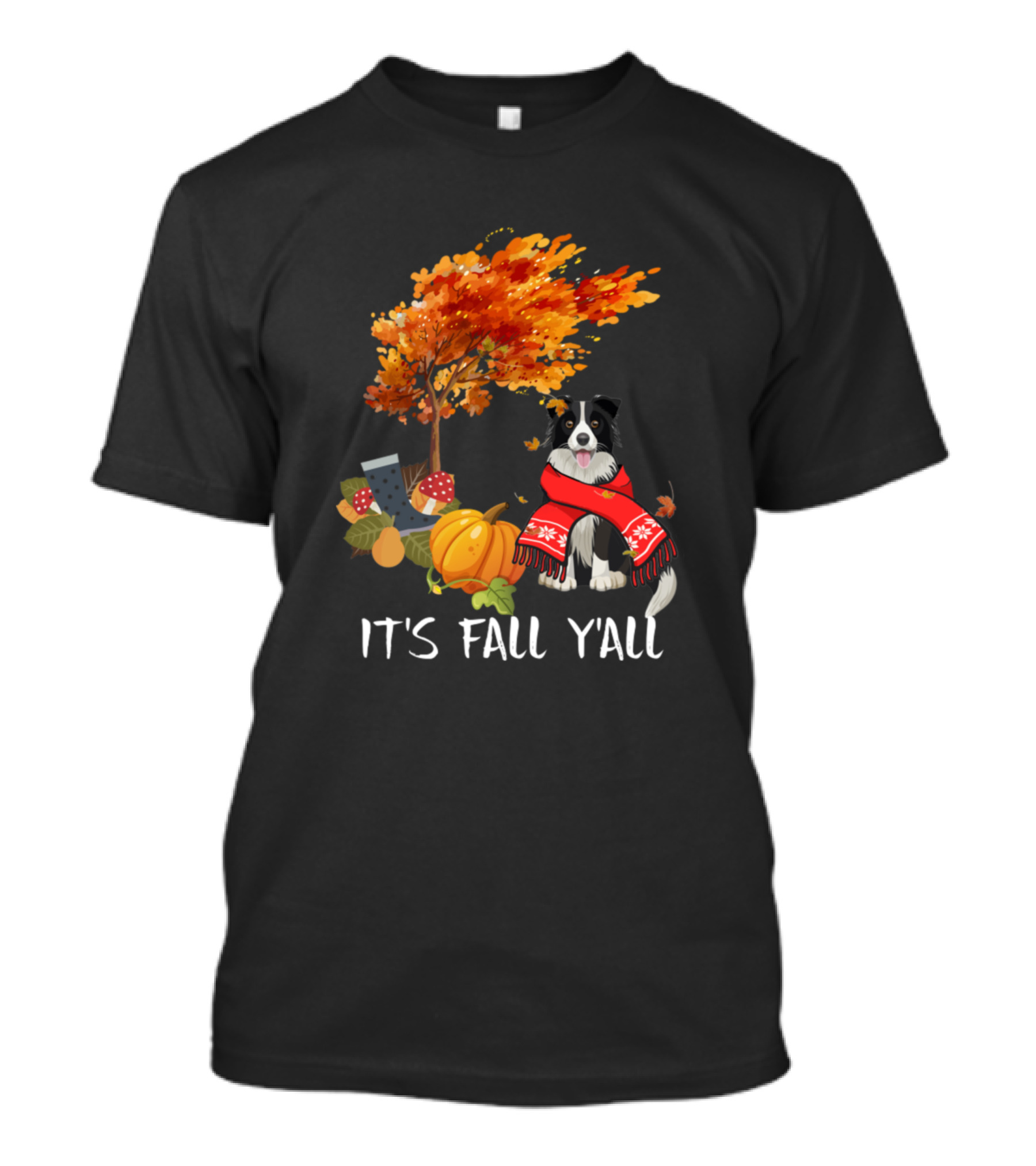 It's Fall Y'all With Border Collie Autumn Leaves Pumpkin Scarf T-Shirt