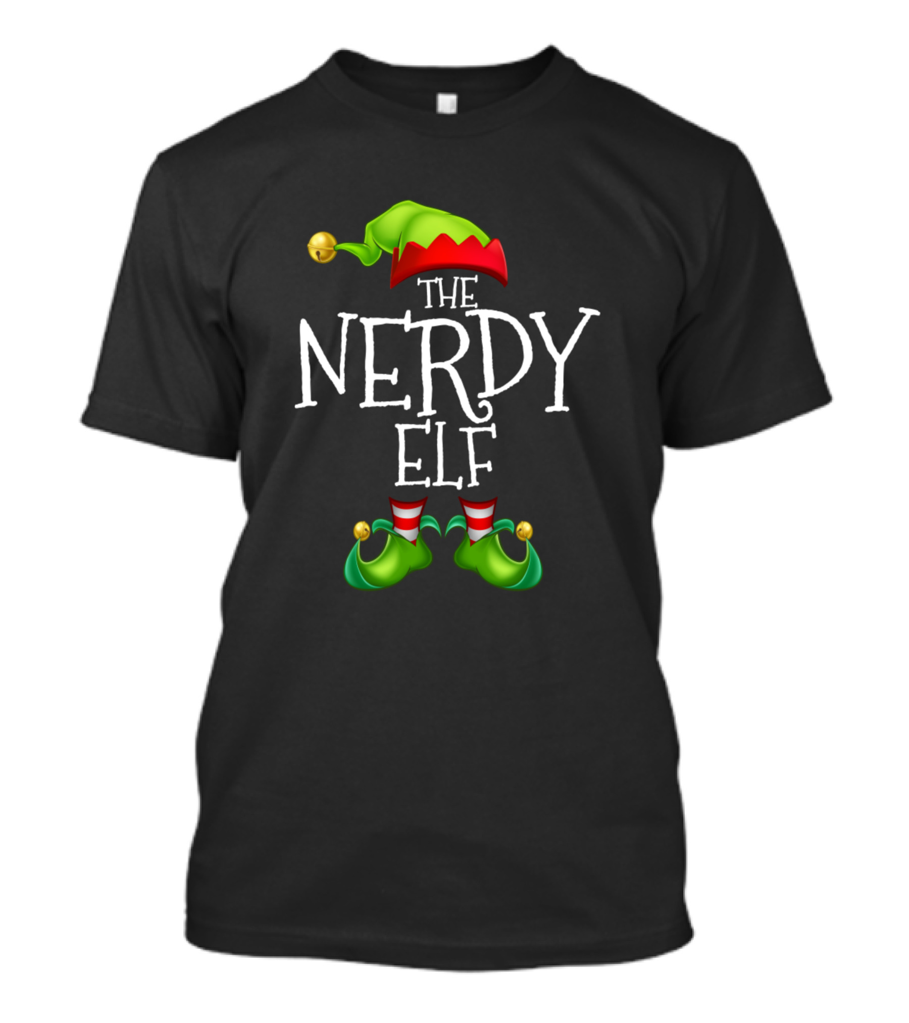 THE NERDY ELF Holiday Humor With Jingle Bell Hat And Shoes T-Shirt