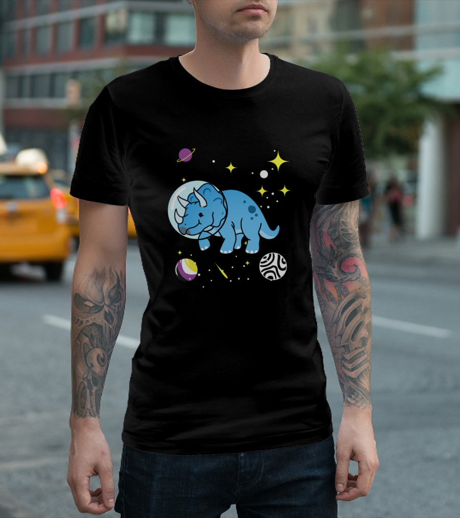 Non Binary Triceratops Floating Among Stars And Planets In Space T-Shirt