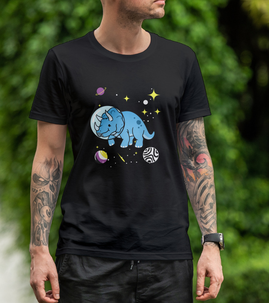 Non Binary Triceratops Floating Among Stars And Planets In Space T-Shirt