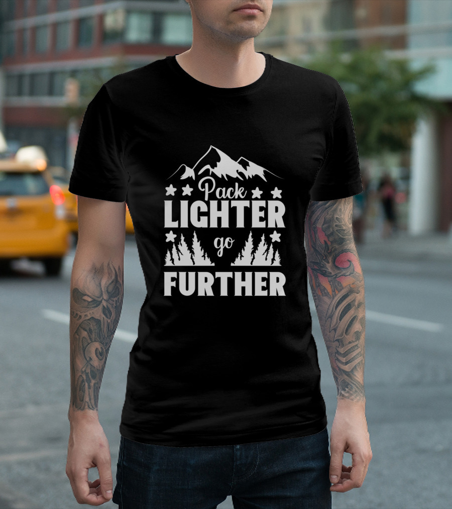 Pack Lighter Go Further Mountain Adventure Stars Trees T-Shirt