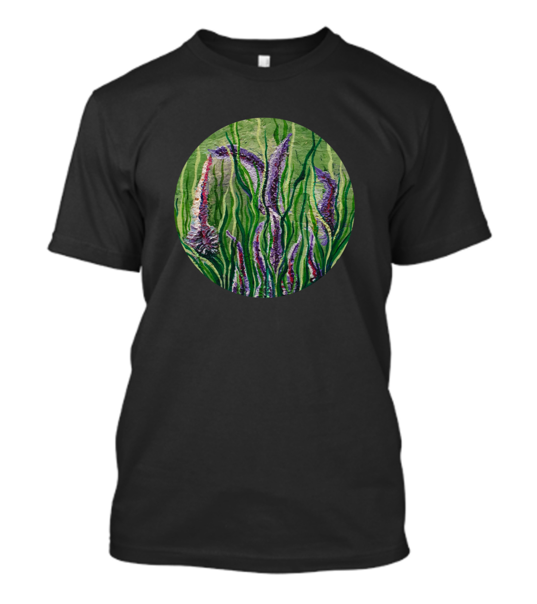 Violet Flowers Among Green Stems In Circular T-Shirt