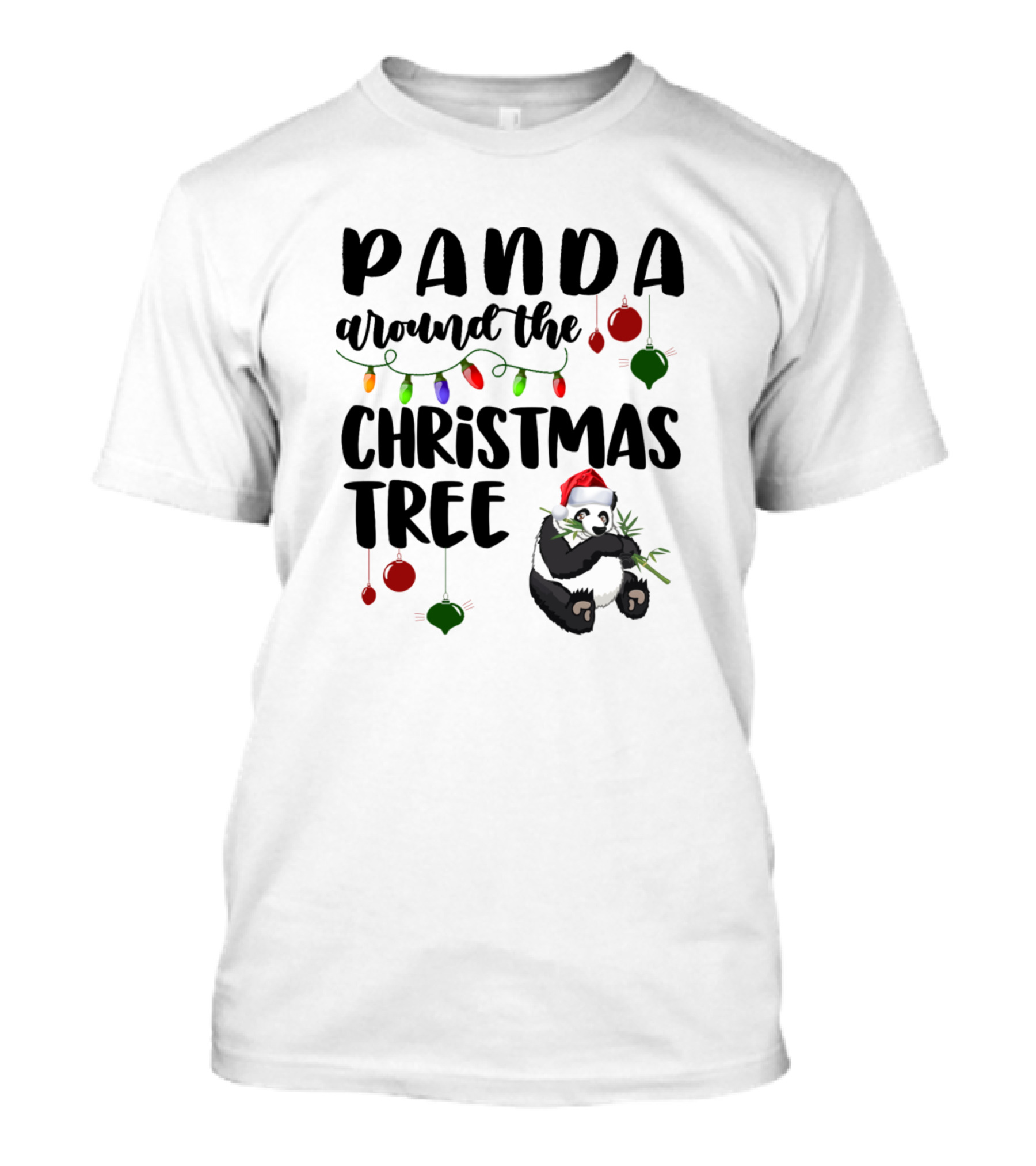 Panda Around The Christmas Tree Santa Hat Lights Ornaments T-Shirt