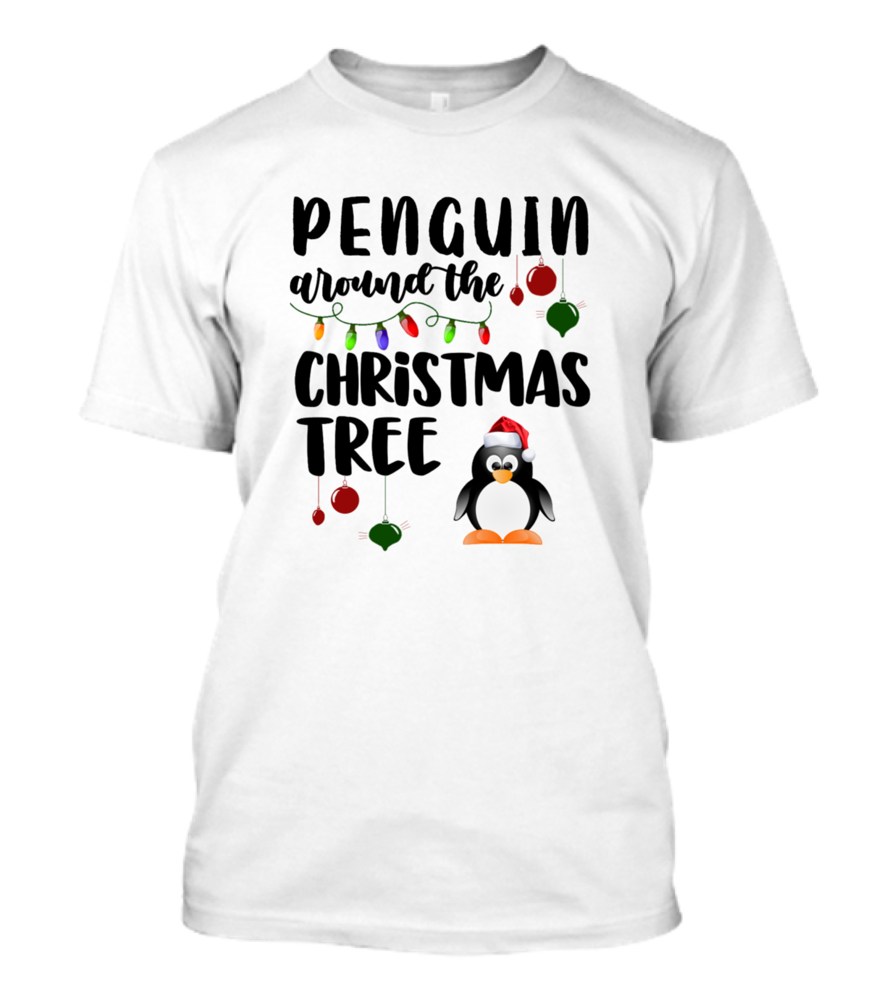 Penguin Around The Christmas Tree With Lights And Ornaments T-Shirt