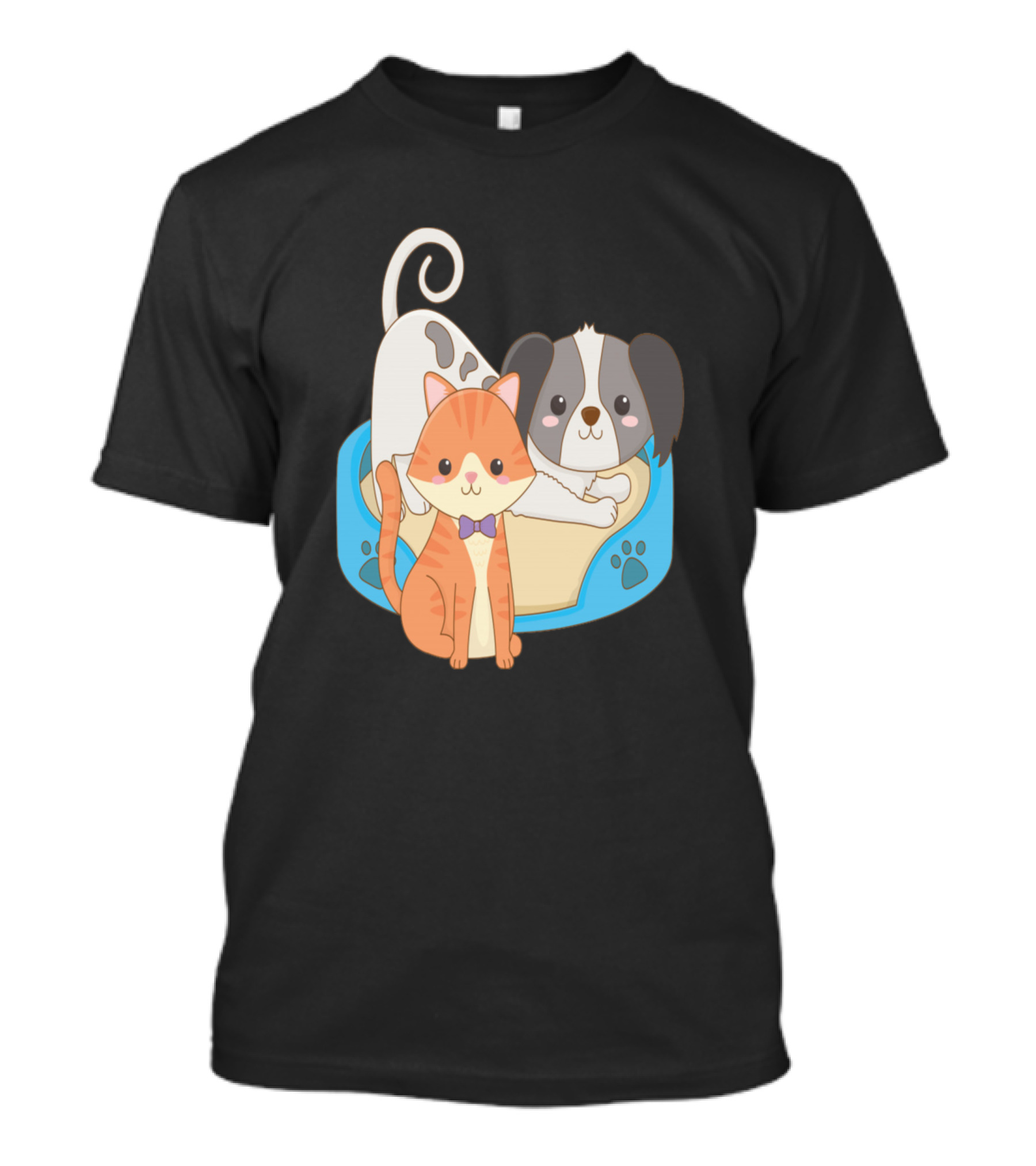 Dog And Cat Cute Pet Companions In Cozy Bed With Paw Prints T-Shirt