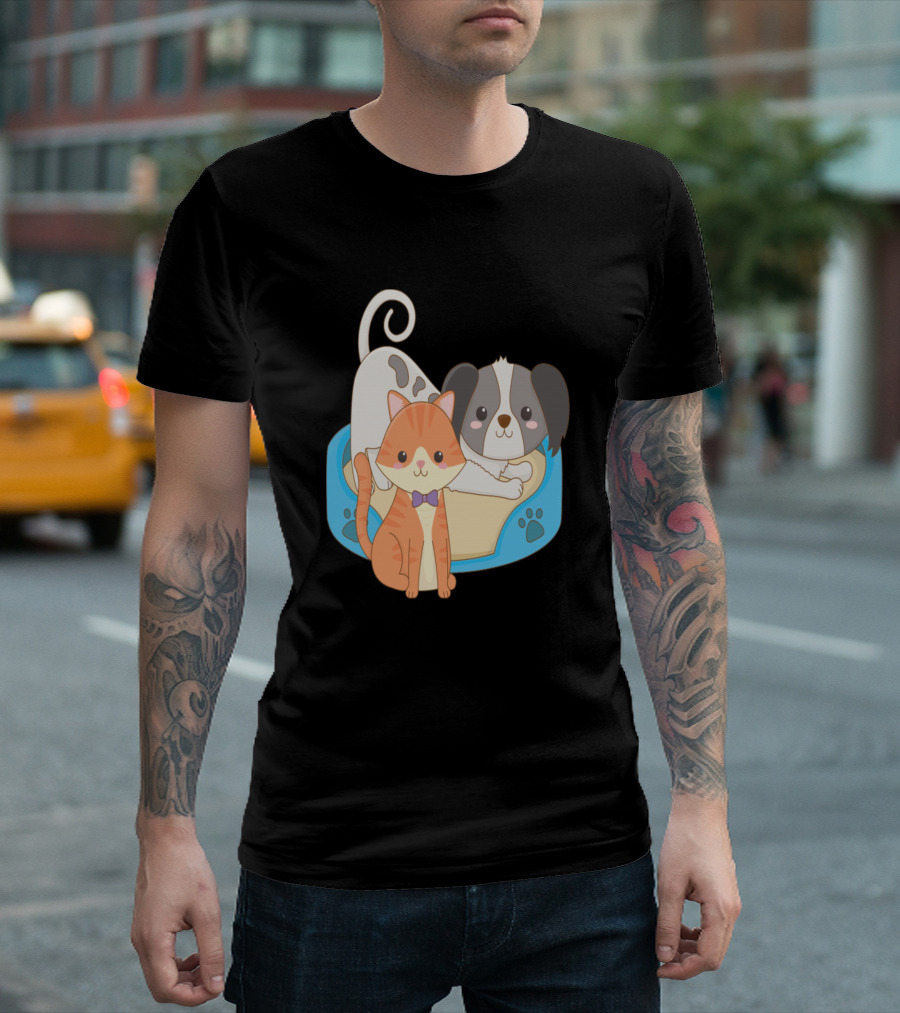 Dog And Cat Cute Pet Companions In Cozy Bed With Paw Prints T-Shirt