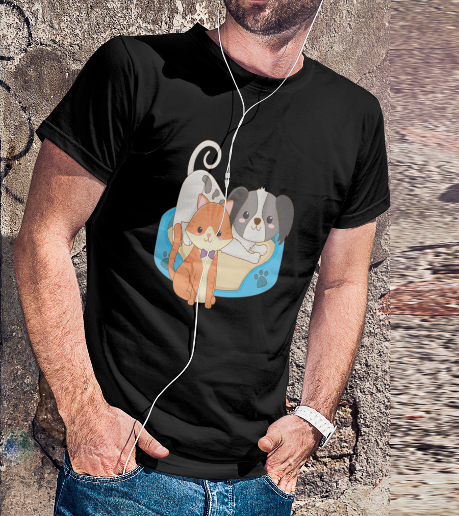 Dog And Cat Cute Pet Companions In Cozy Bed With Paw Prints T-Shirt