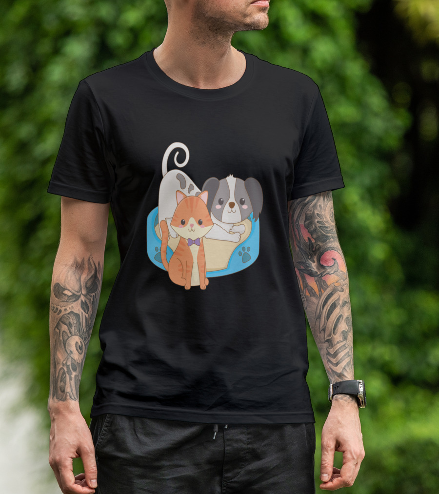 Dog And Cat Cute Pet Companions In Cozy Bed With Paw Prints T-Shirt