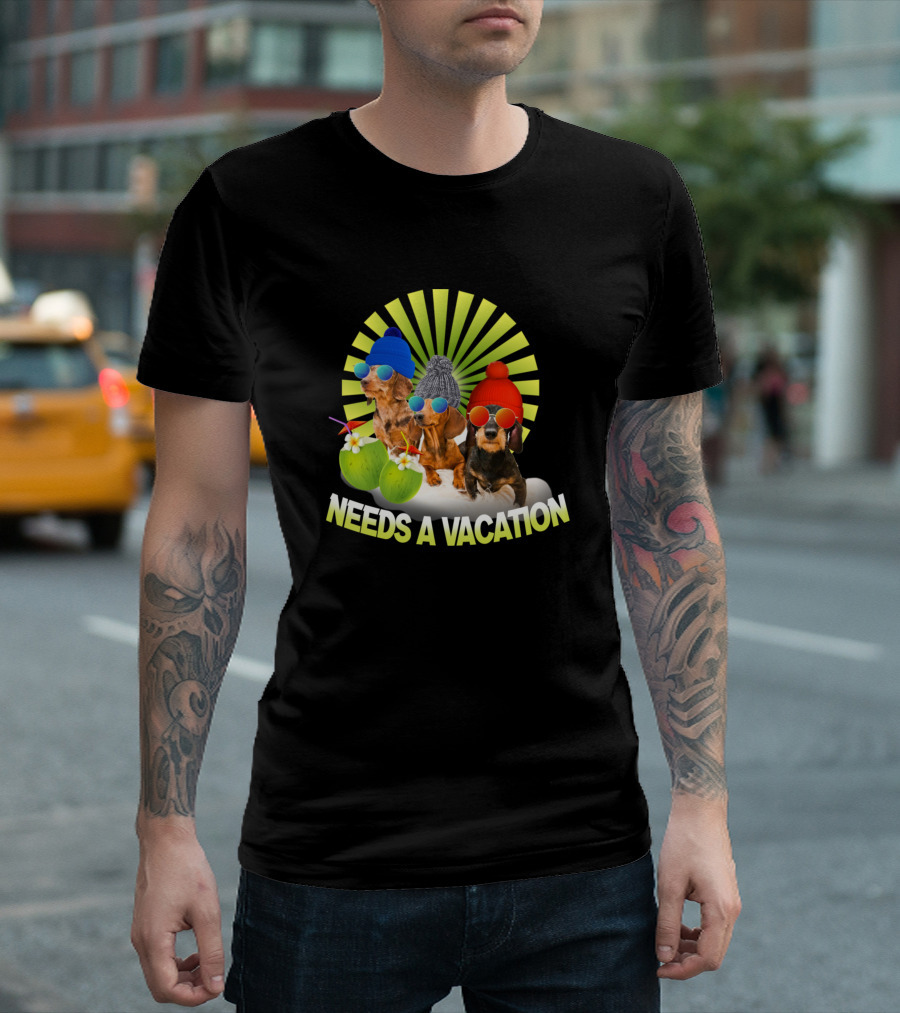 Needs A Vacation Dog Dachshund Puppy Pet with Sunglasses and Hats T-Shirt