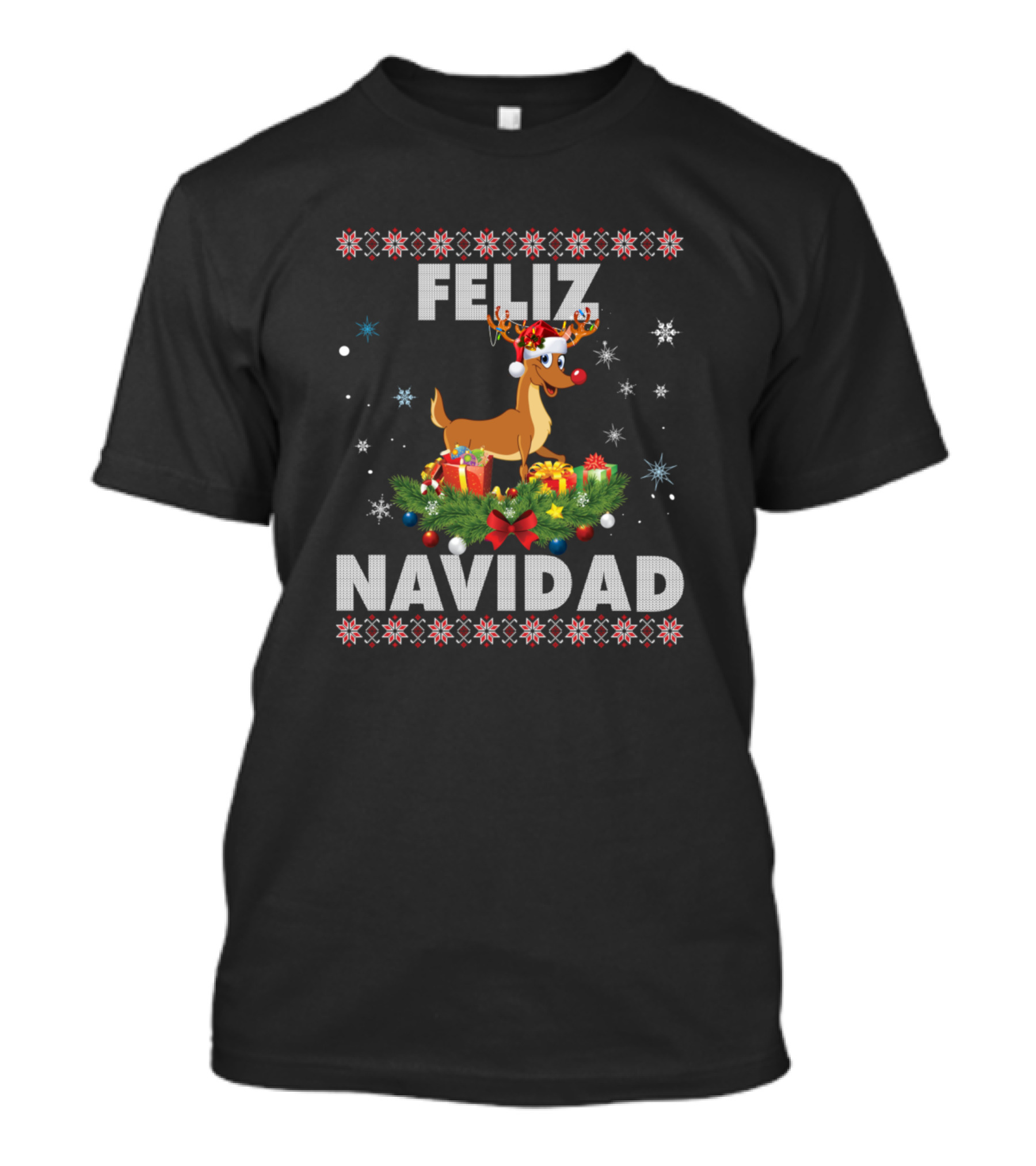 Feliz Navidad Reindeer With Gifts And Snowflakes T-Shirt