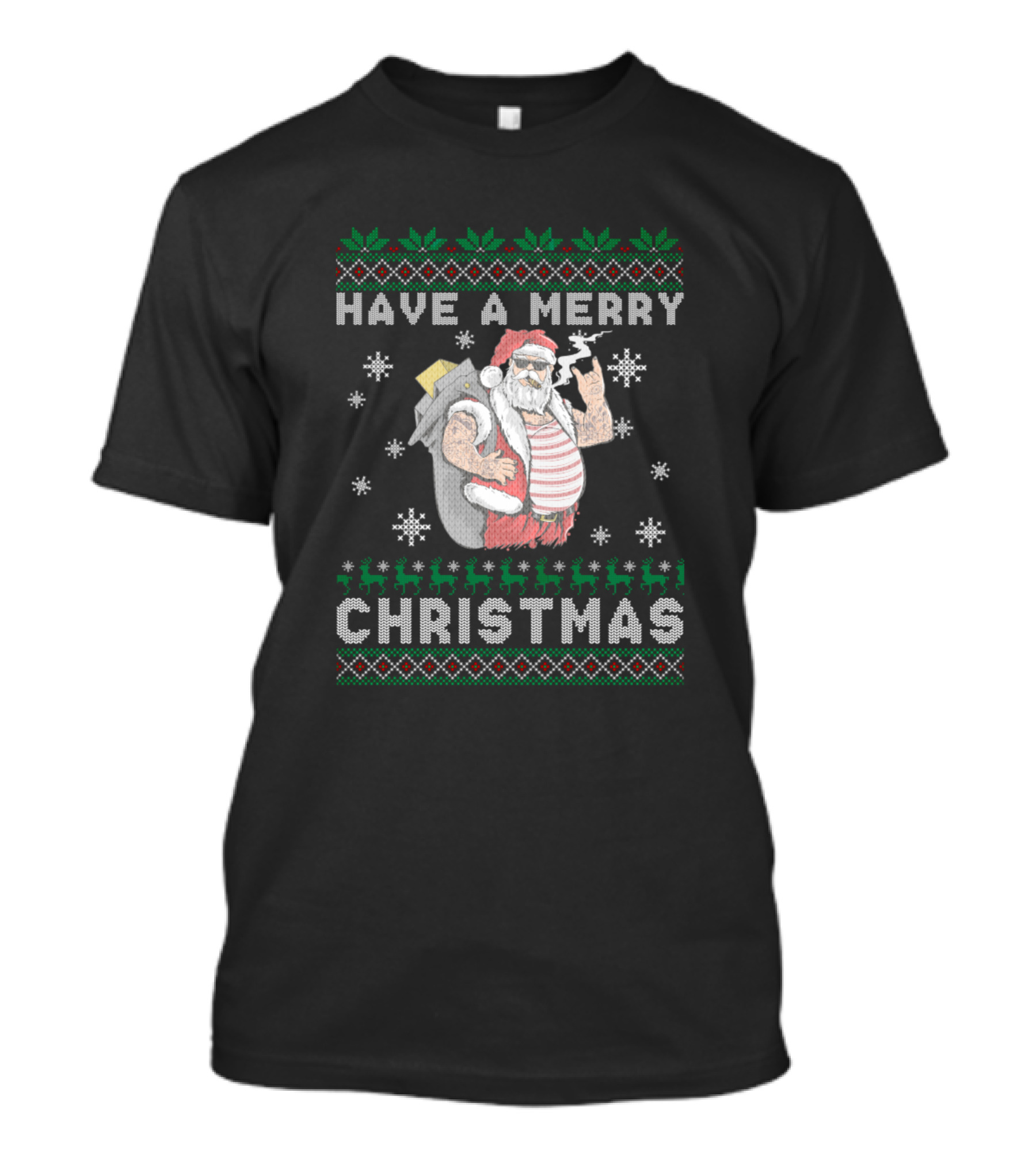 Have A Merry Christmas Santa With Smoke Snowflakes And Reindeer T-Shirt